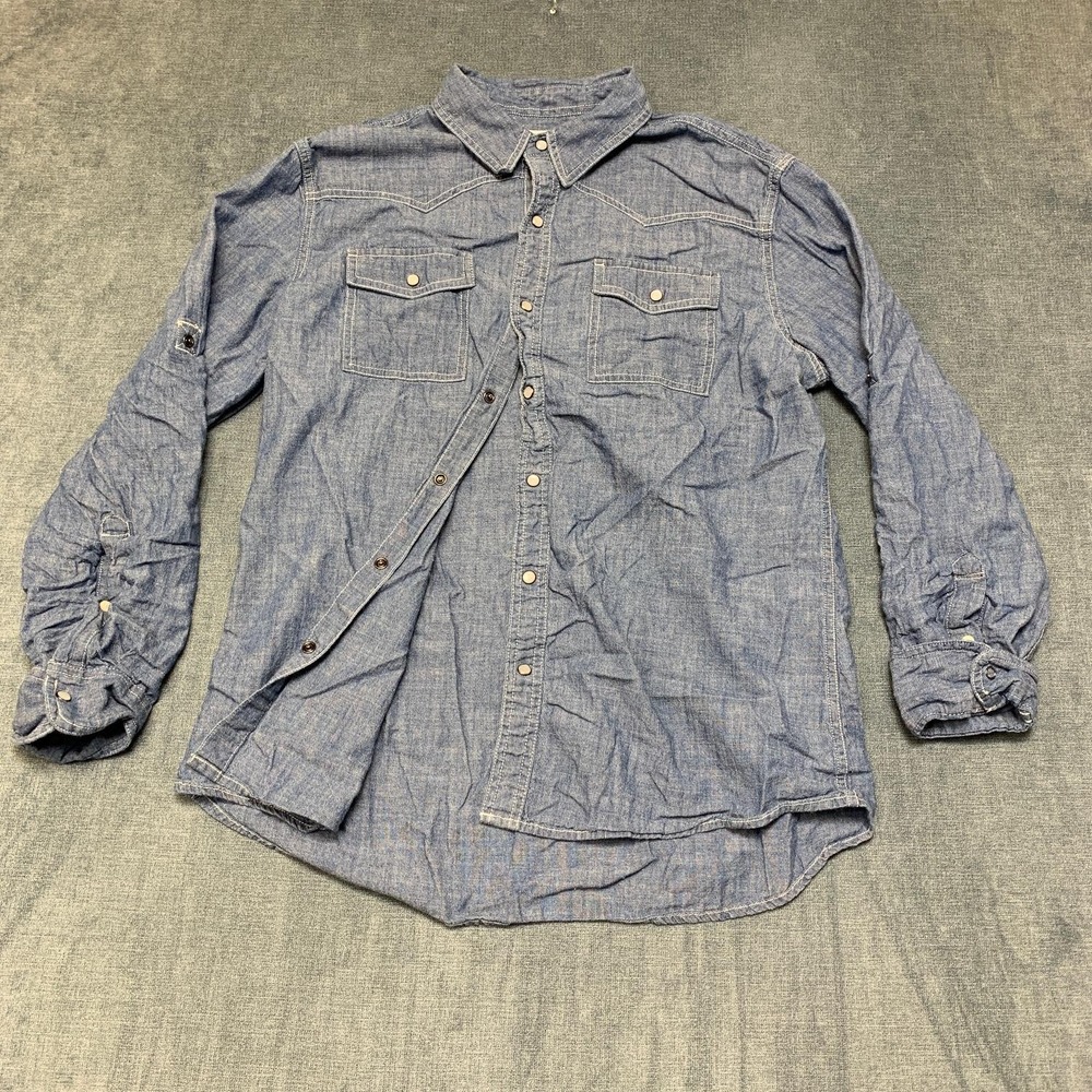 Urban Pipeline Western Shirt Mens Large Blue Cotton Roll Tab Sleeve Pearl Snap